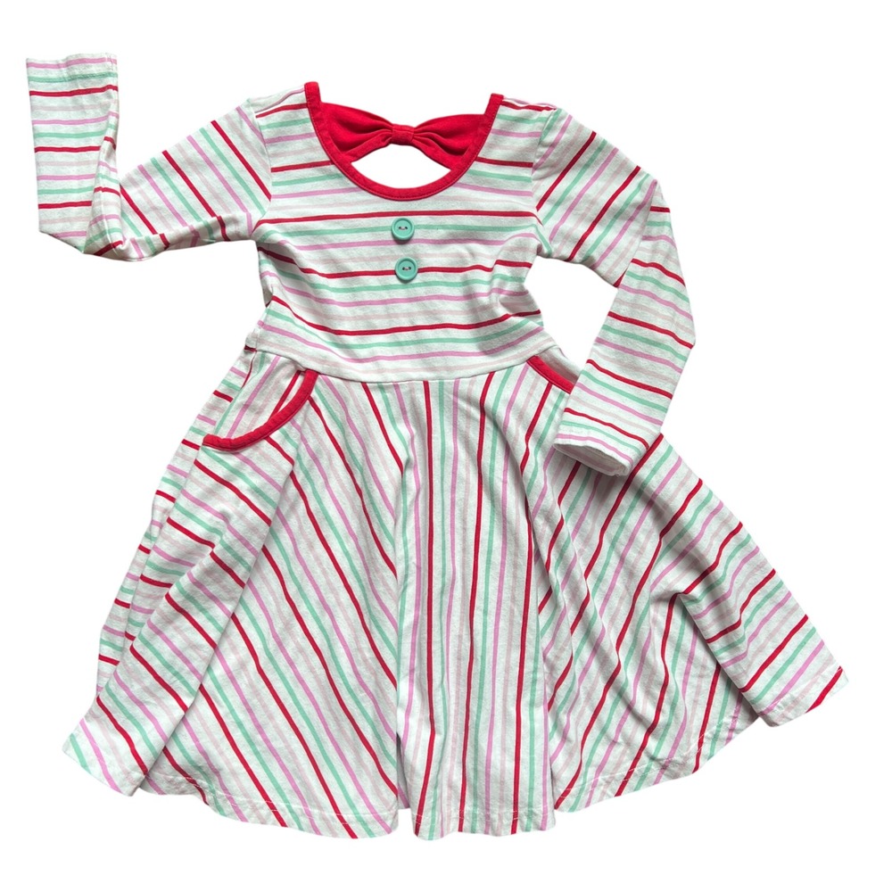 Eleanor Rose Girls 4-5 Holiday Stripe Annie Skater Dress Bow Back Twirl Pockets‎